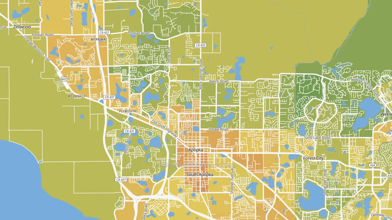 Map of the best neighborhoods in the Apopka area, with better matches in green and worse matches in red