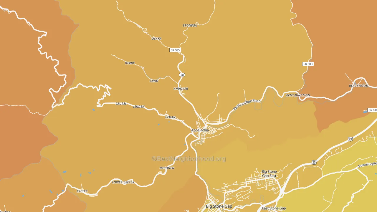 Map of the best neighborhoods in the Appalachia area, with better matches in green and worse matches in red