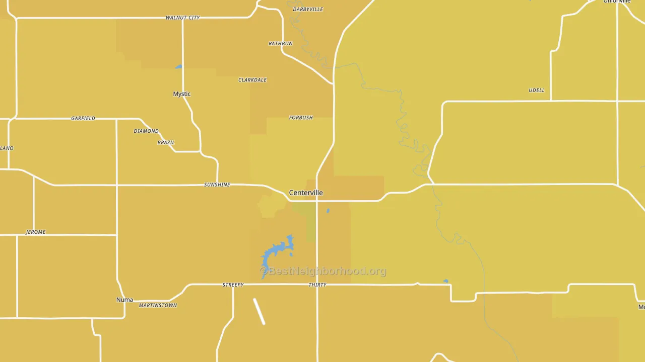 Map of the best neighborhoods in the Appanoose County area, with better matches in green and worse matches in red