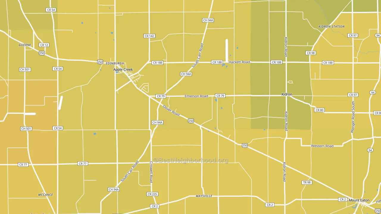 Map of the best neighborhoods in the Apple Creek area, with better matches in green and worse matches in red