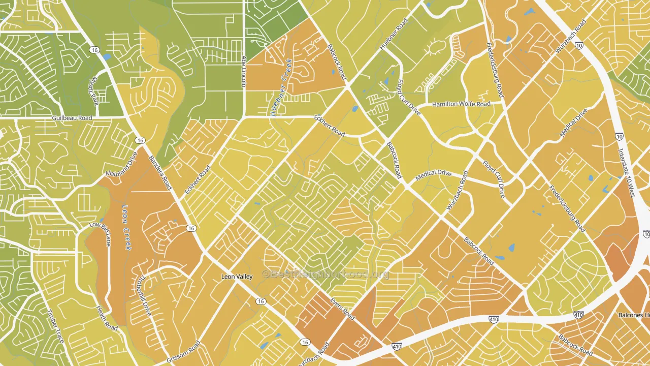 Map of the best neighborhoods in the Apple Creek, San Antonio area, with better matches in green and worse matches in red