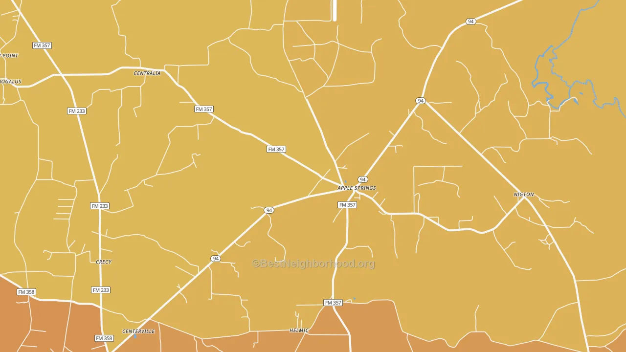 Map of the best neighborhoods in the Apple Springs area, with better matches in green and worse matches in red