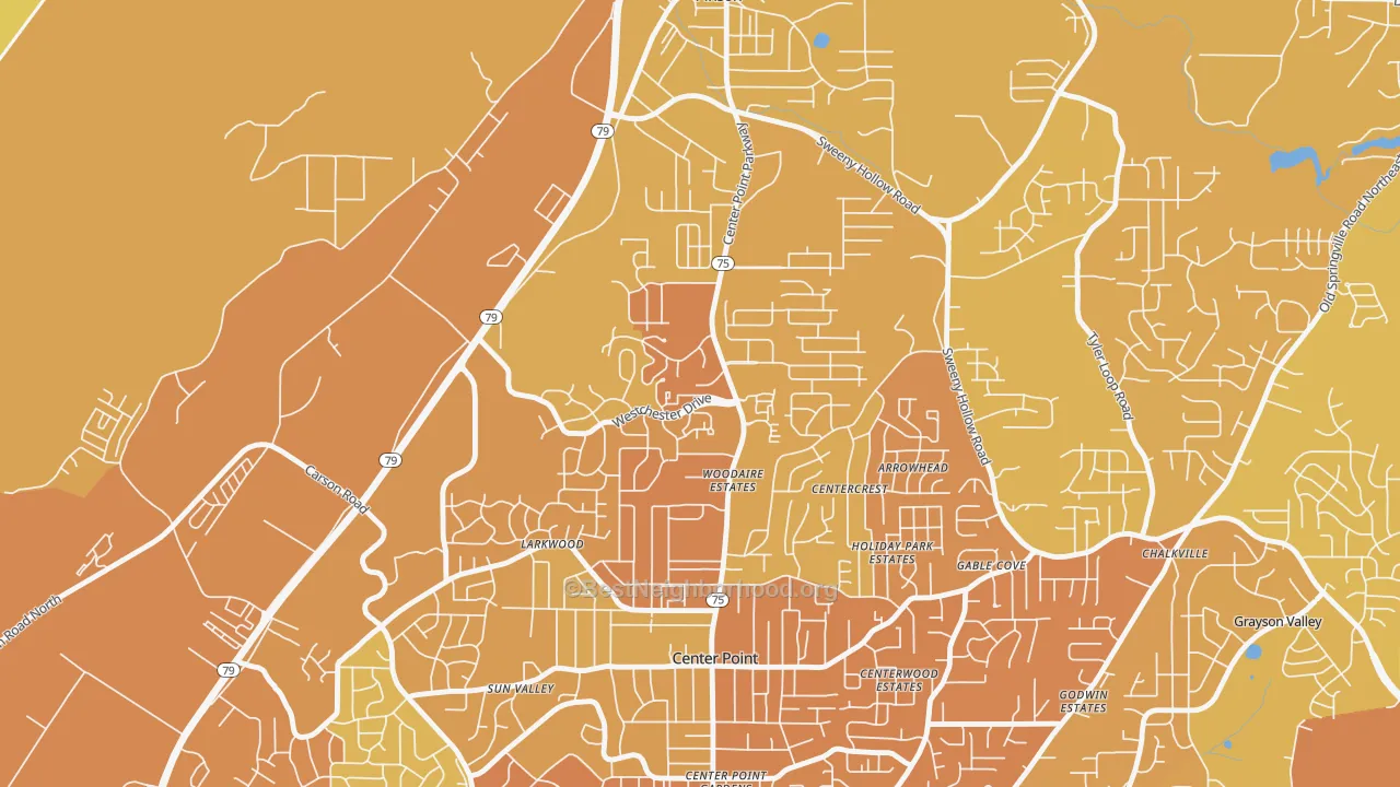 Map of the best neighborhoods in the Apple Valley, Birmingham area, with better matches in green and worse matches in red