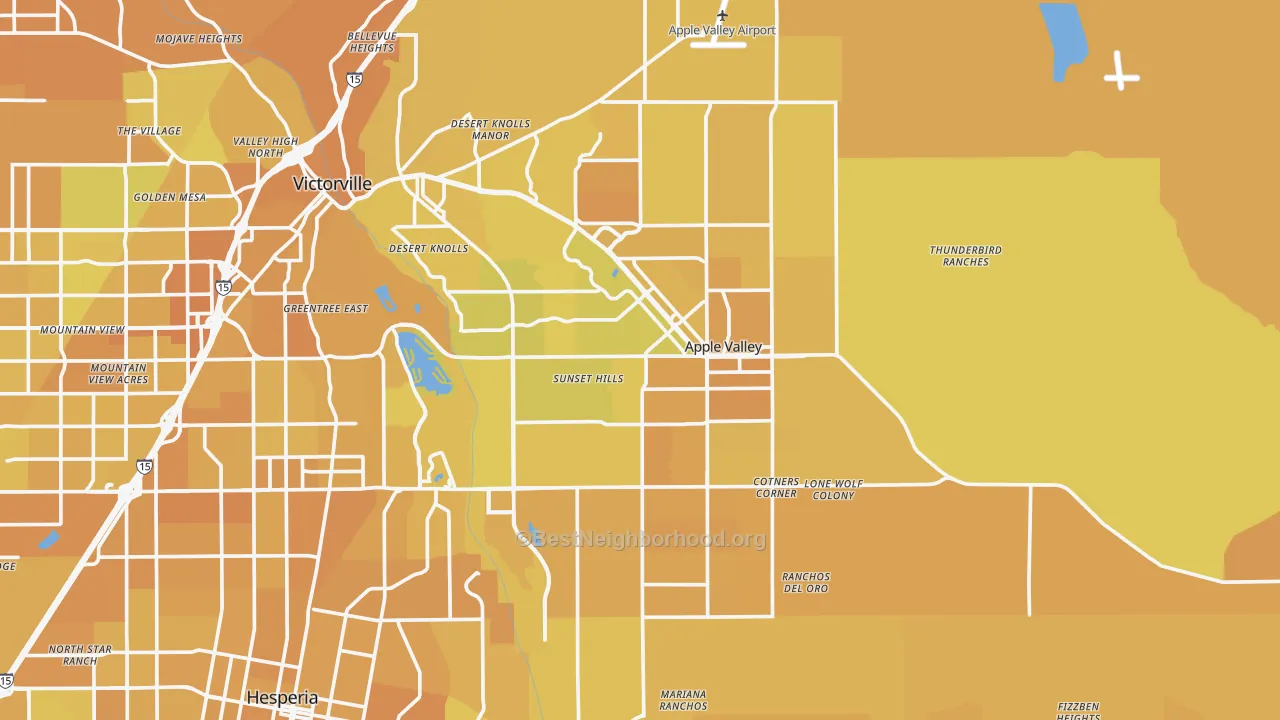 Map of the best neighborhoods in the Apple Valley area, with better matches in green and worse matches in red
