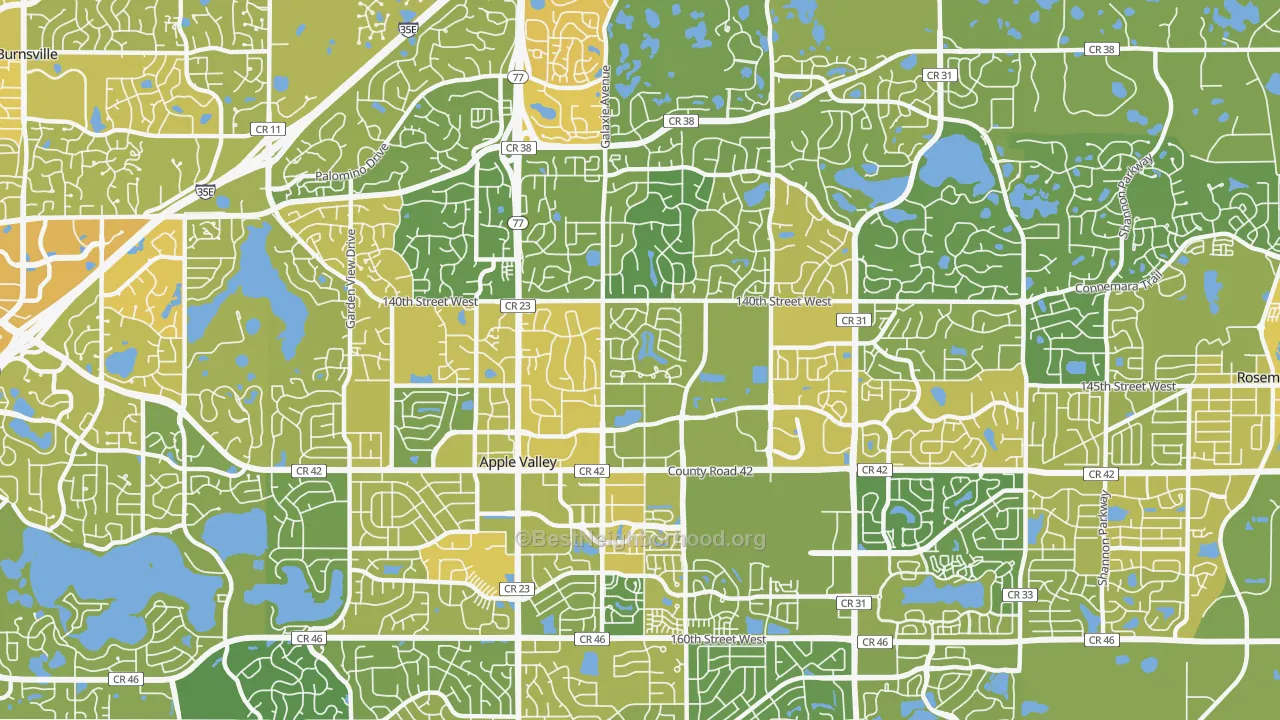 Map of the best neighborhoods in the Apple Valley area, with better matches in green and worse matches in red