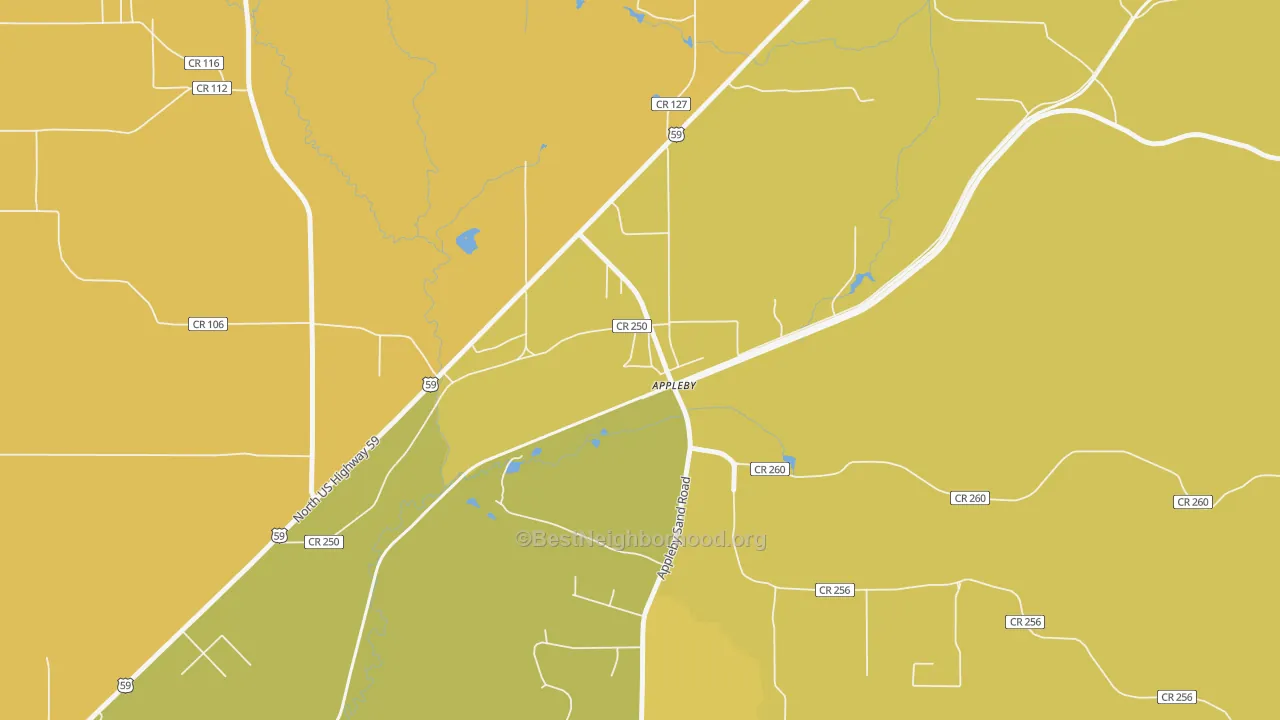 Map of the best neighborhoods in the Appleby area, with better matches in green and worse matches in red
