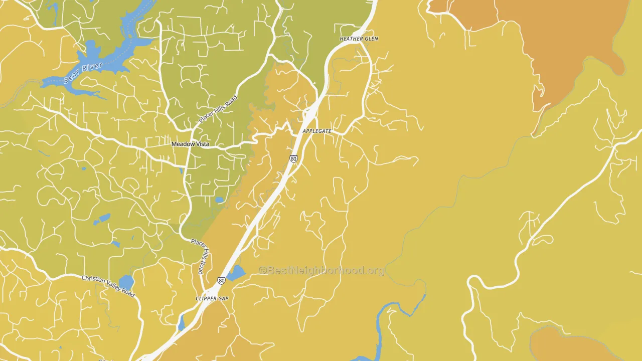 Map of the best neighborhoods in the Applegate area, with better matches in green and worse matches in red