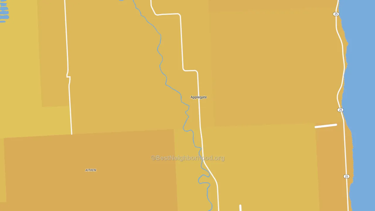 Map of the best neighborhoods in the Applegate area, with better matches in green and worse matches in red