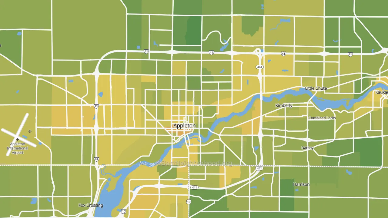 Map of the best neighborhoods in the Appleton Metro area, with better matches in green and worse matches in red