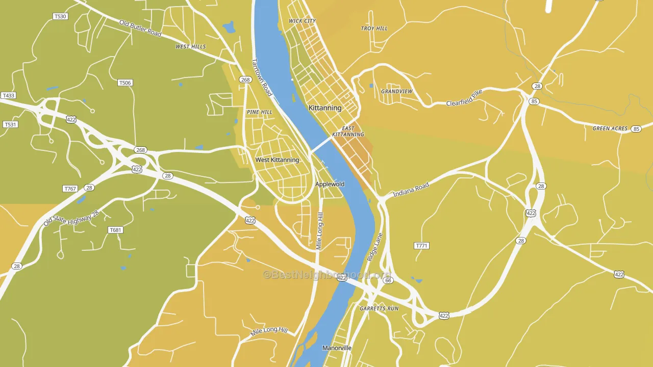 Map of the best neighborhoods in the Applewold area, with better matches in green and worse matches in red