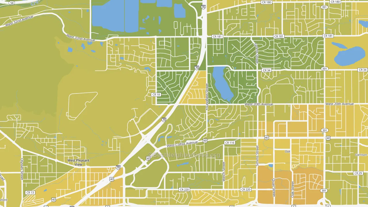 Map of the best neighborhoods in the Applewood area, with better matches in green and worse matches in red