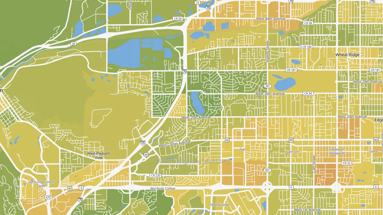 Map of the best neighborhoods in the Applewood, Lakewood area, with better matches in green and worse matches in red