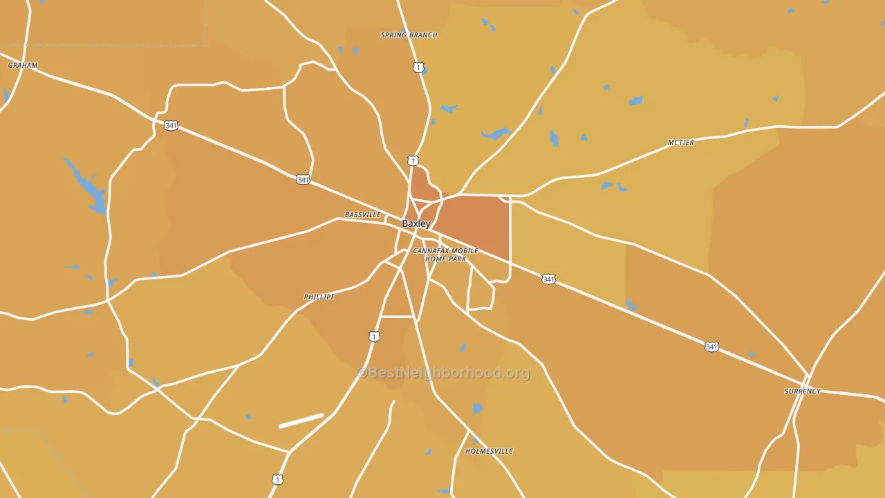 Map of the best neighborhoods in the Appling County area, with better matches in green and worse matches in red