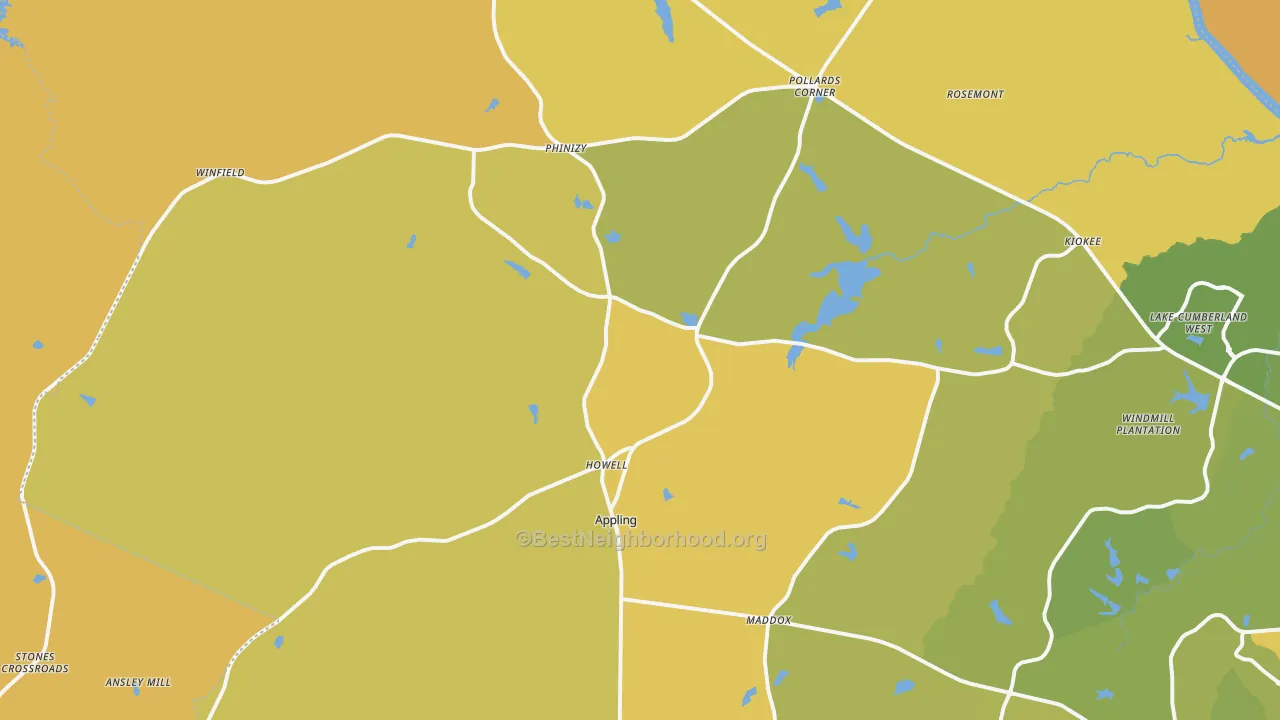 Map of the best neighborhoods in the Appling area, with better matches in green and worse matches in red
