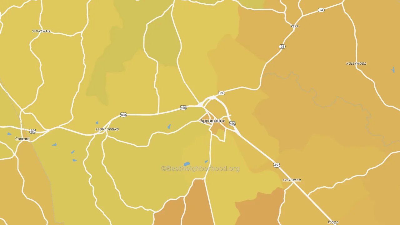 Map of the best neighborhoods in the Appomattox County area, with better matches in green and worse matches in red