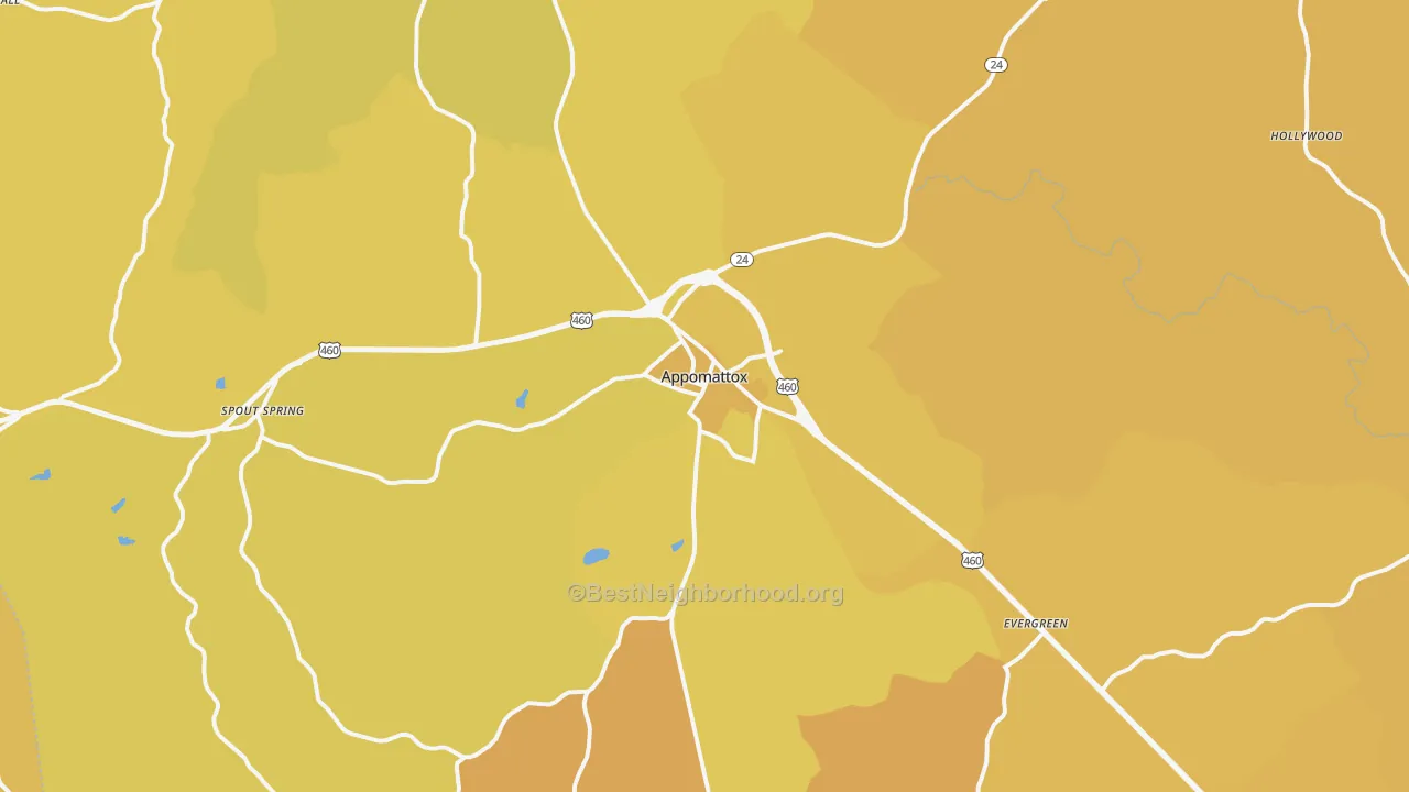 Map of the best neighborhoods in the Appomattox area, with better matches in green and worse matches in red