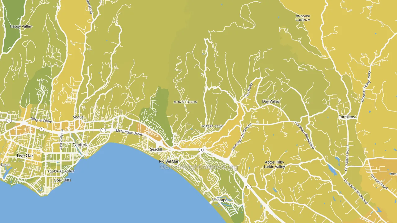 Map of the best neighborhoods in the Aptos area, with better matches in green and worse matches in red