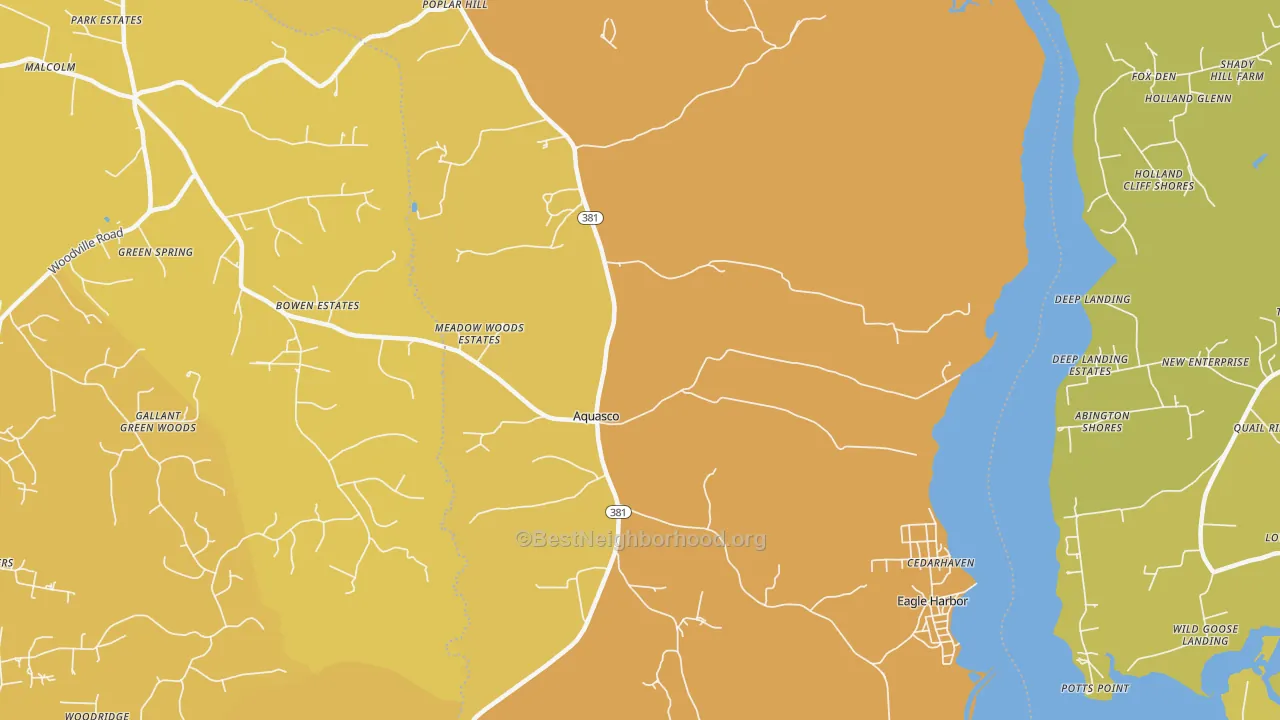 Map of the best neighborhoods in the Aquasco area, with better matches in green and worse matches in red