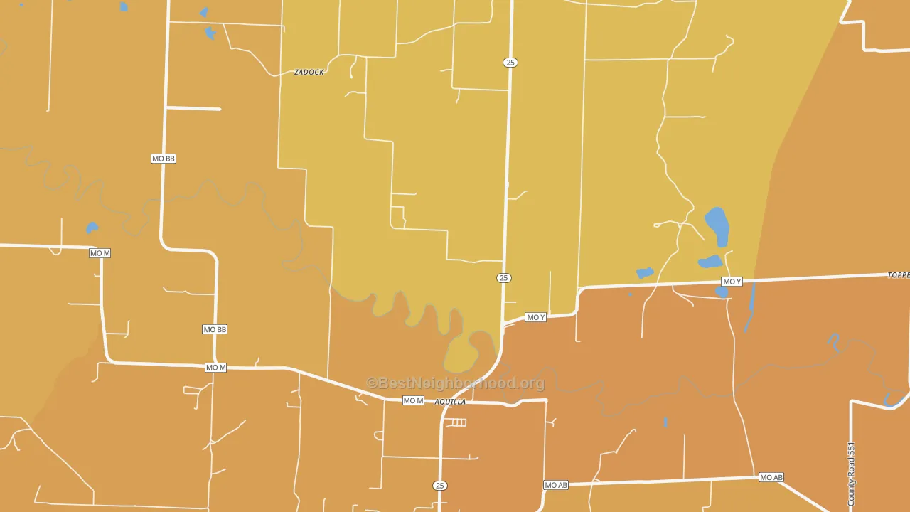 Map of the best neighborhoods in the Aquilla area, with better matches in green and worse matches in red