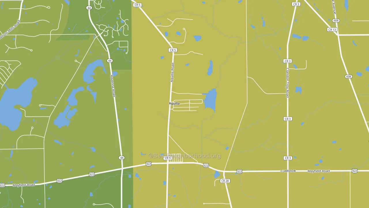 Map of the best neighborhoods in the Aquilla area, with better matches in green and worse matches in red