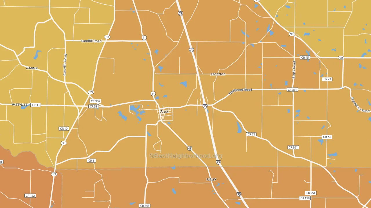 Map of the best neighborhoods in the Arabi area, with better matches in green and worse matches in red