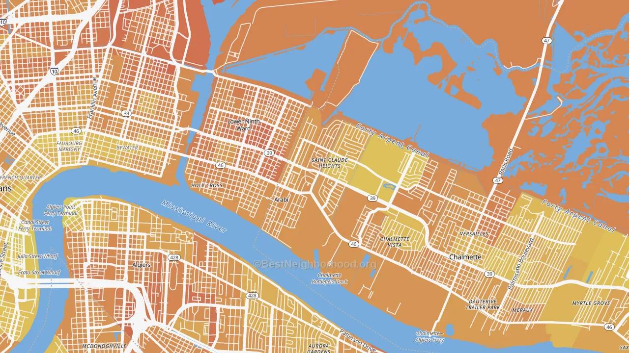 Map of the best neighborhoods in the Arabi area, with better matches in green and worse matches in red