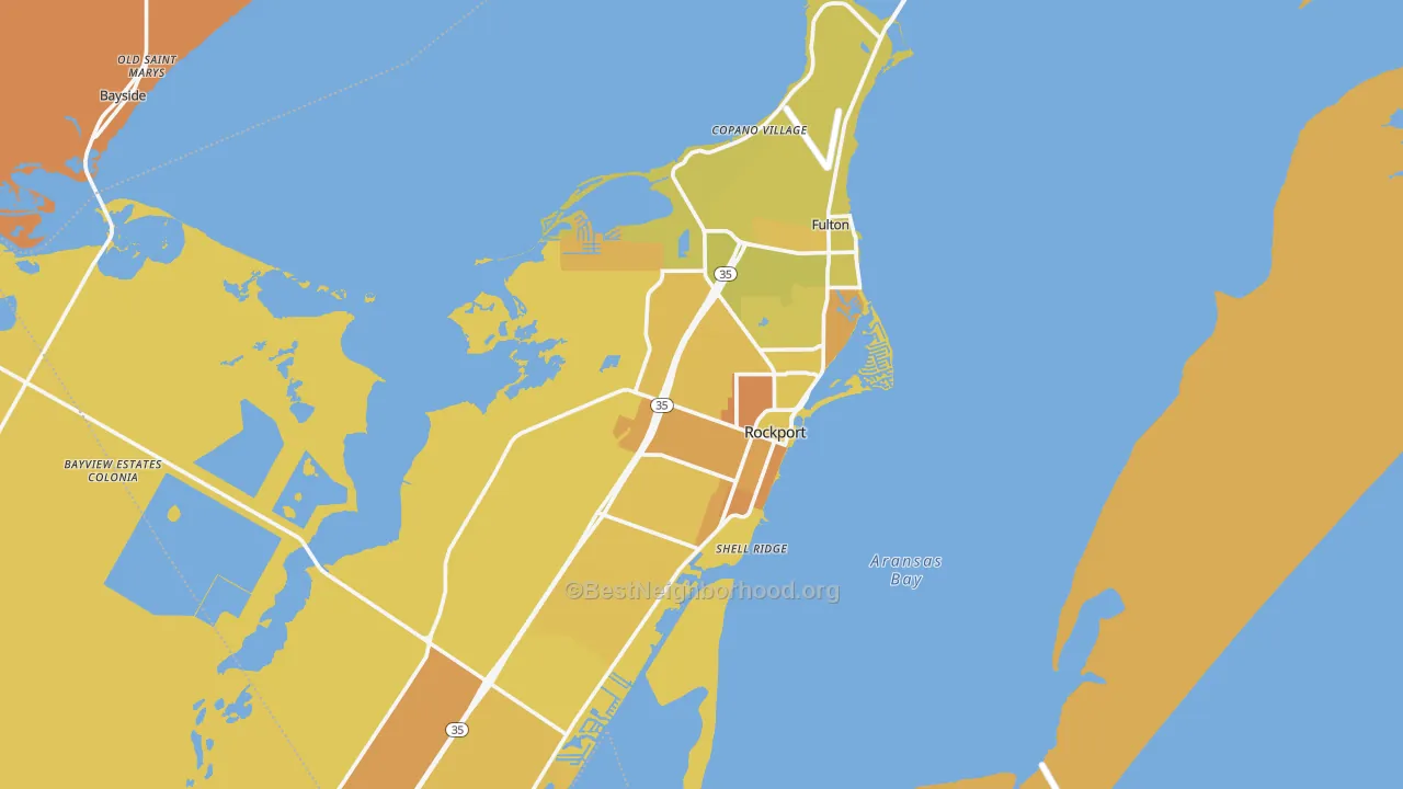 Map of the best neighborhoods in the Aransas County area, with better matches in green and worse matches in red