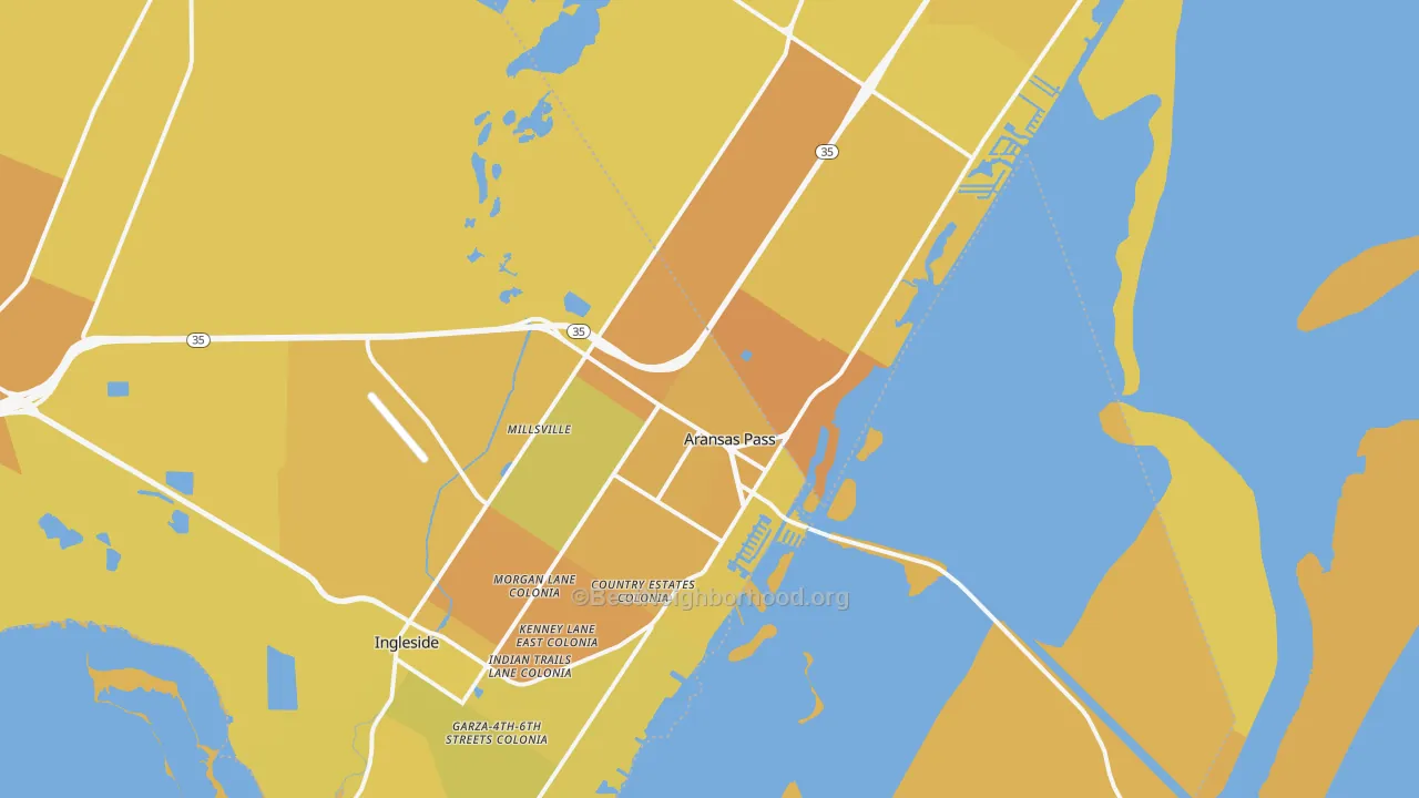 Map of the best neighborhoods in the Aransas Pass area, with better matches in green and worse matches in red