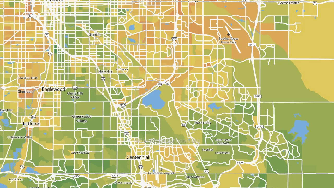 Map of the best neighborhoods in the Arapahoe County area, with better matches in green and worse matches in red