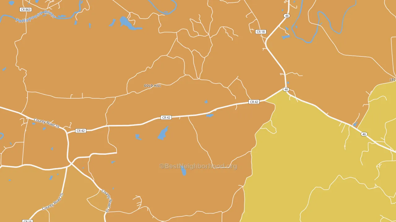 Map of the best neighborhoods in the Arbacoochee area, with better matches in green and worse matches in red