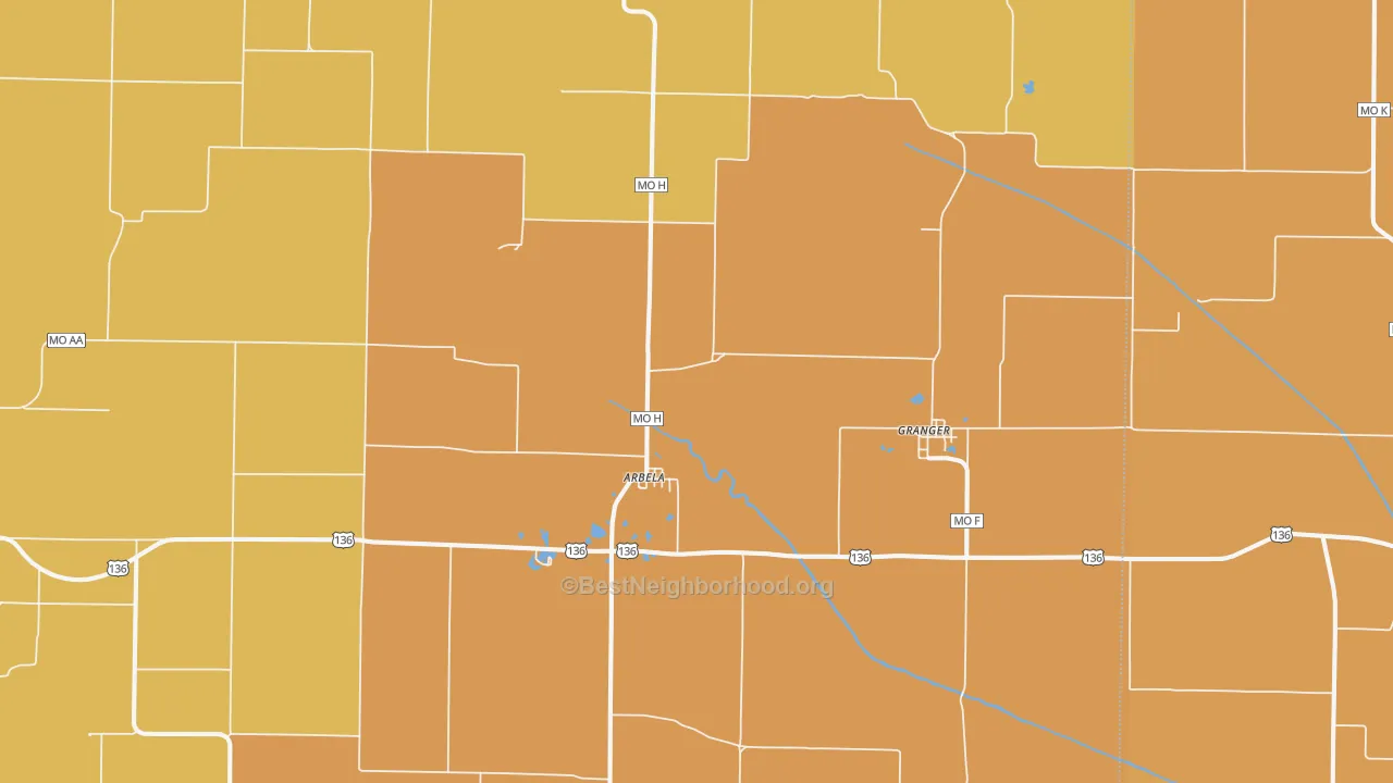 Map of the best neighborhoods in the Arbela area, with better matches in green and worse matches in red