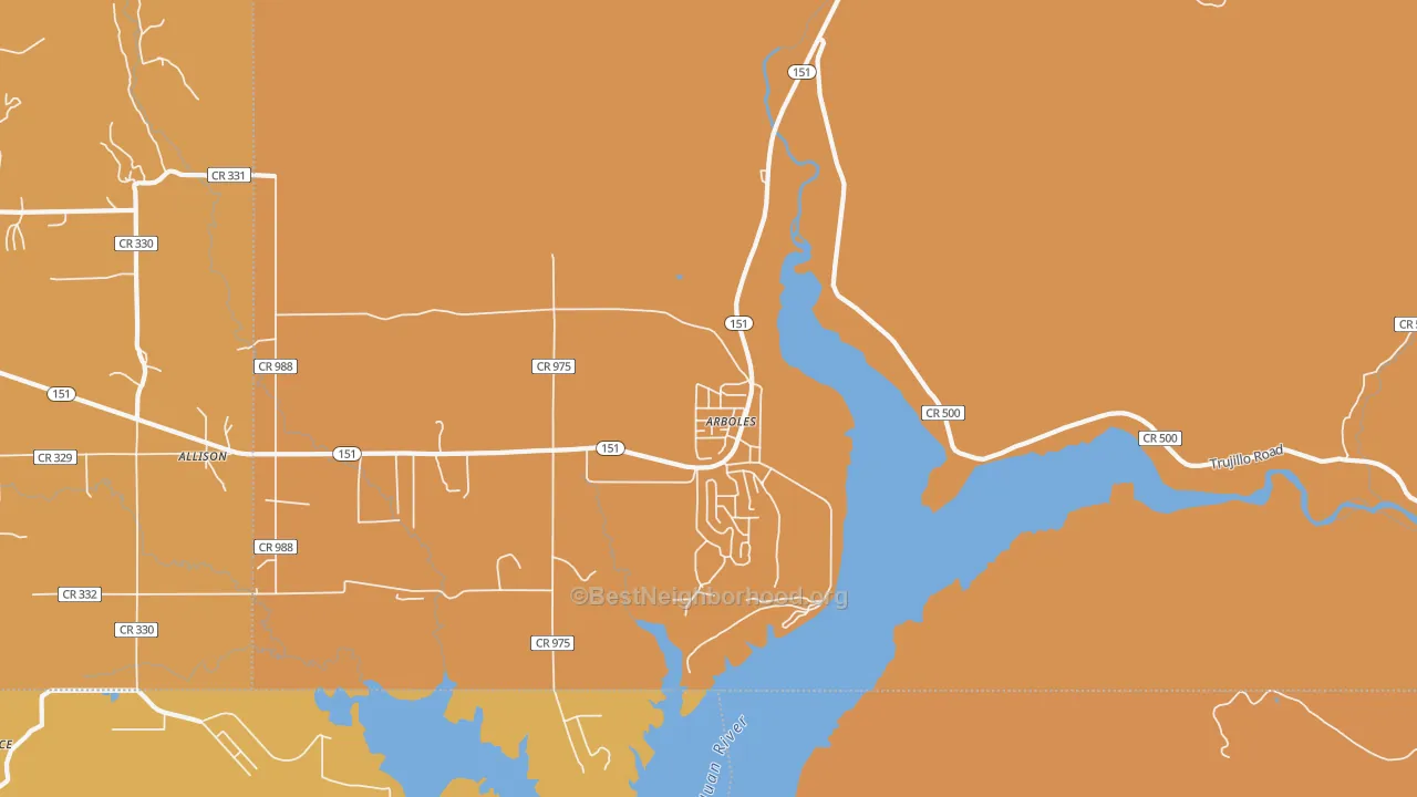 Map of the best neighborhoods in the Arboles area, with better matches in green and worse matches in red