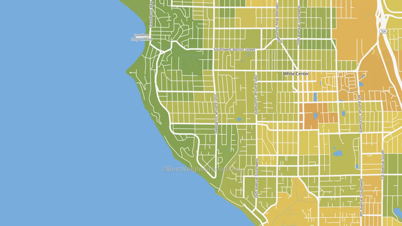 Map of the best neighborhoods in the Arbor Heights, Seattle area, with better matches in green and worse matches in red