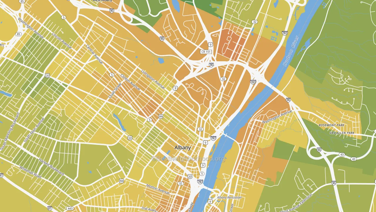 Map of the best neighborhoods in the Arbor Hill, Albany area, with better matches in green and worse matches in red