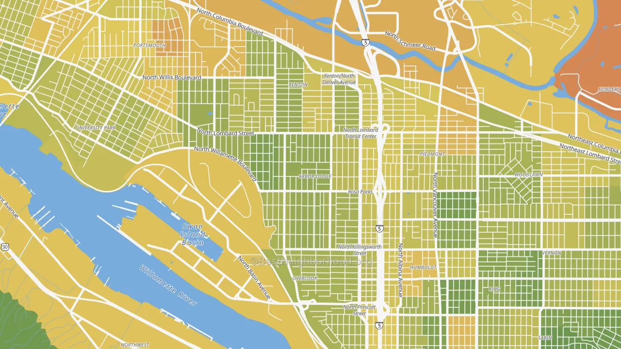 Map of the best neighborhoods in the Arbor Lodge, Portland area, with better matches in green and worse matches in red