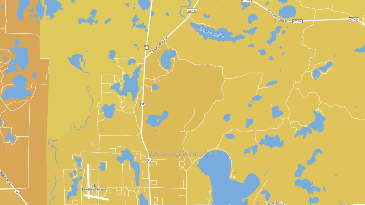 Map of the best neighborhoods in the Arbor Vitae area, with better matches in green and worse matches in red