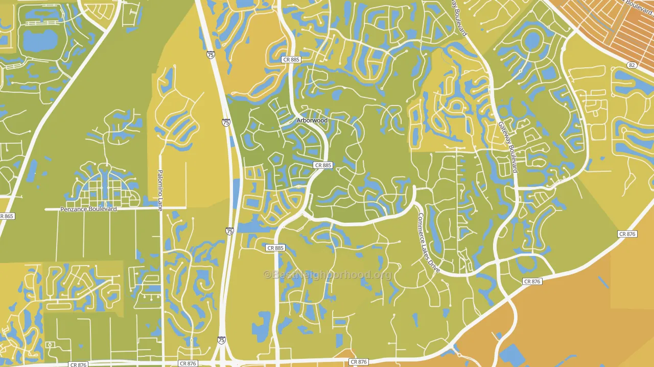 Map of the best neighborhoods in the Arborwood, Fort Myers area, with better matches in green and worse matches in red