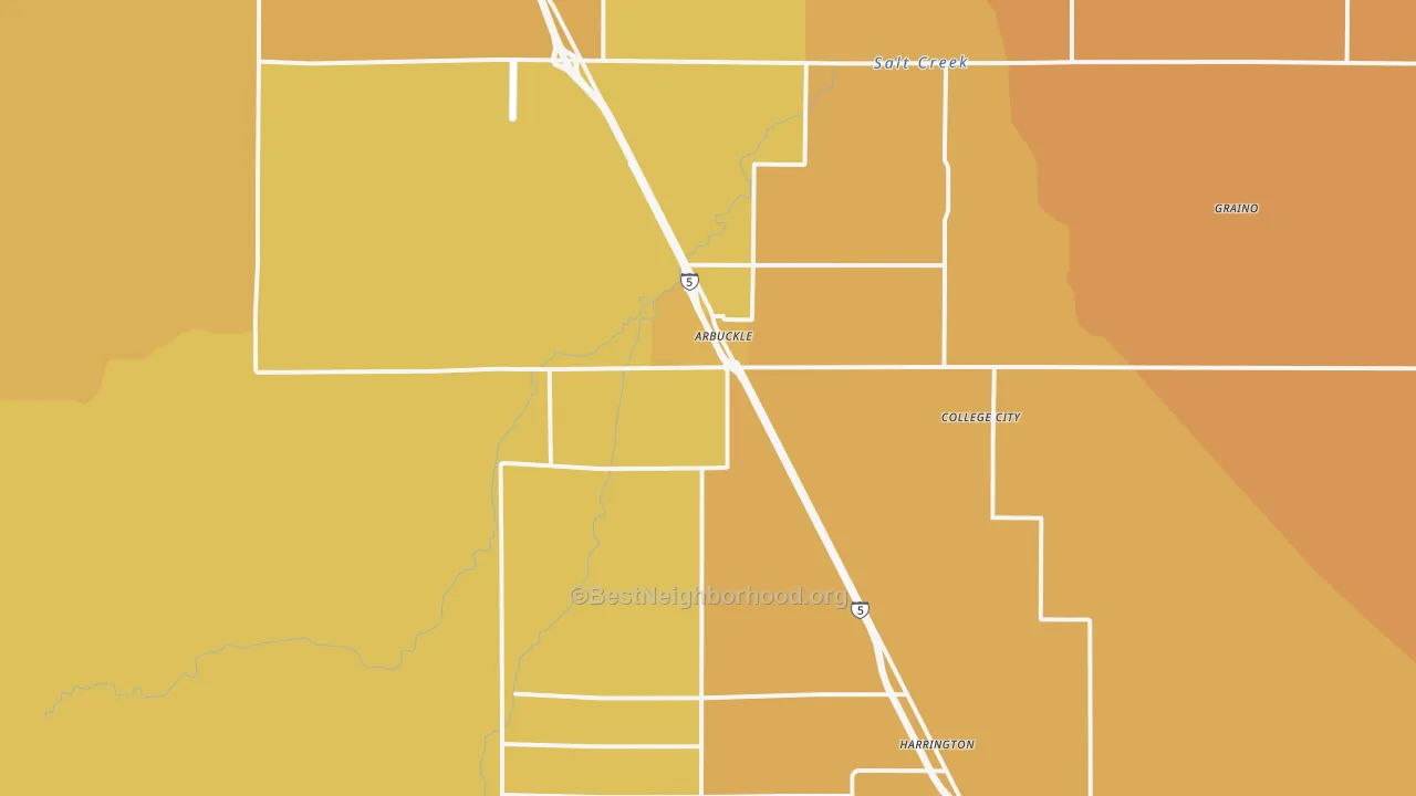 Map of the best neighborhoods in the Arbuckle area, with better matches in green and worse matches in red