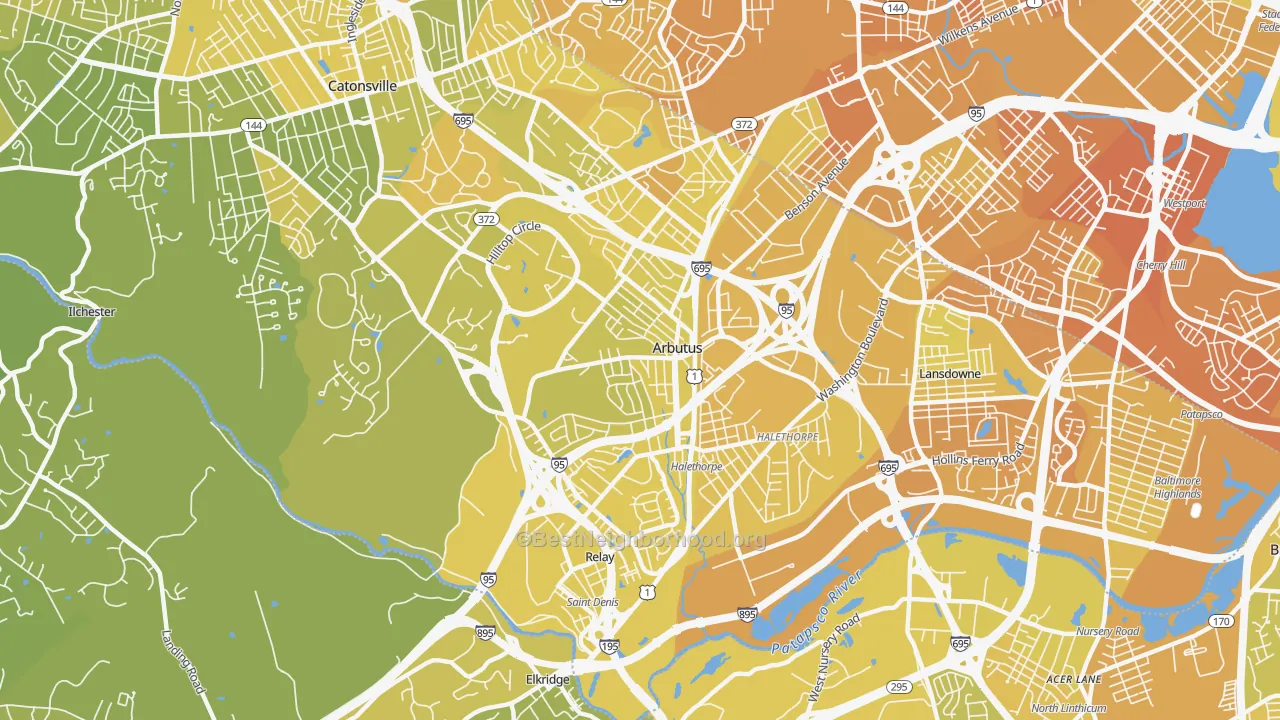 Map of the best neighborhoods in the Arbutus area, with better matches in green and worse matches in red