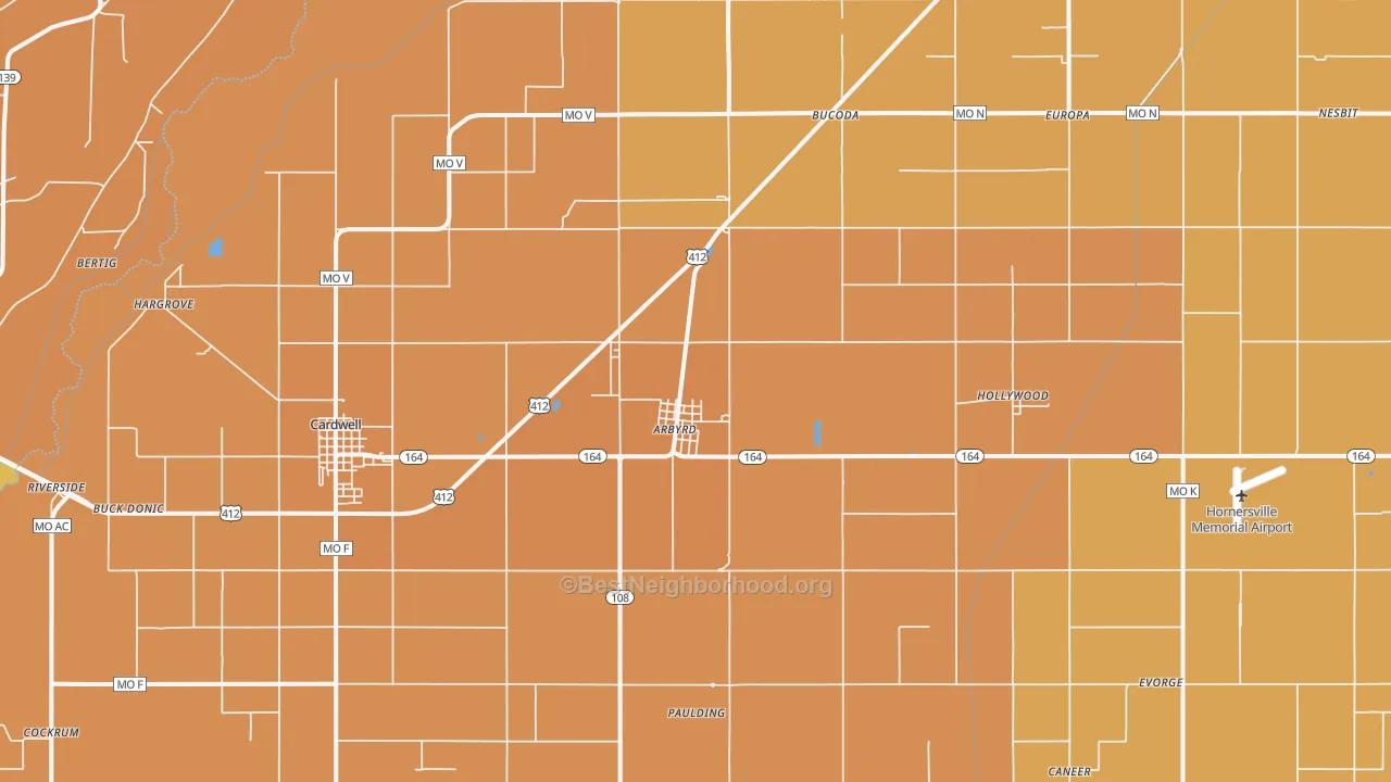 Map of the best neighborhoods in the Arbyrd area, with better matches in green and worse matches in red