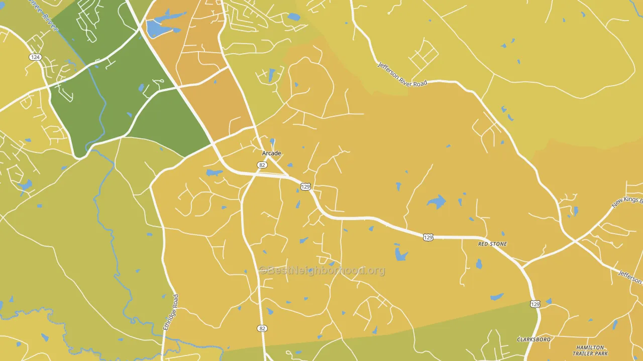 Map of the best neighborhoods in the Arcade area, with better matches in green and worse matches in red