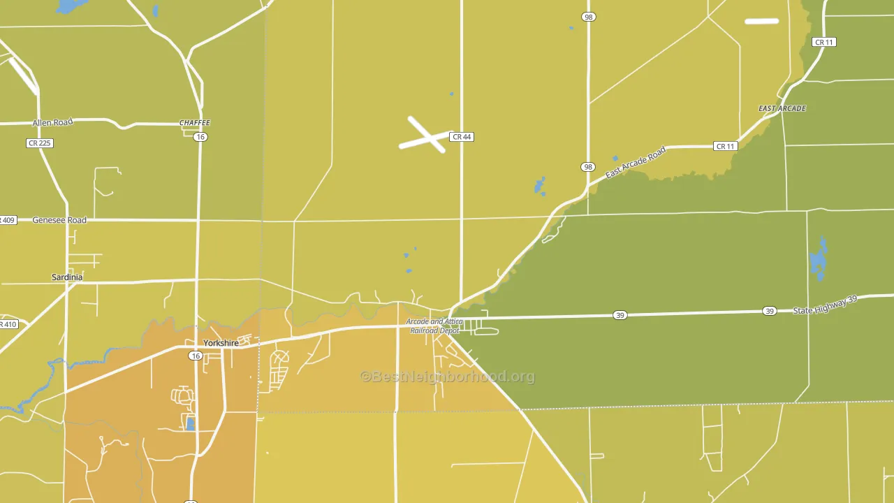 Map of the best neighborhoods in the Arcade area, with better matches in green and worse matches in red