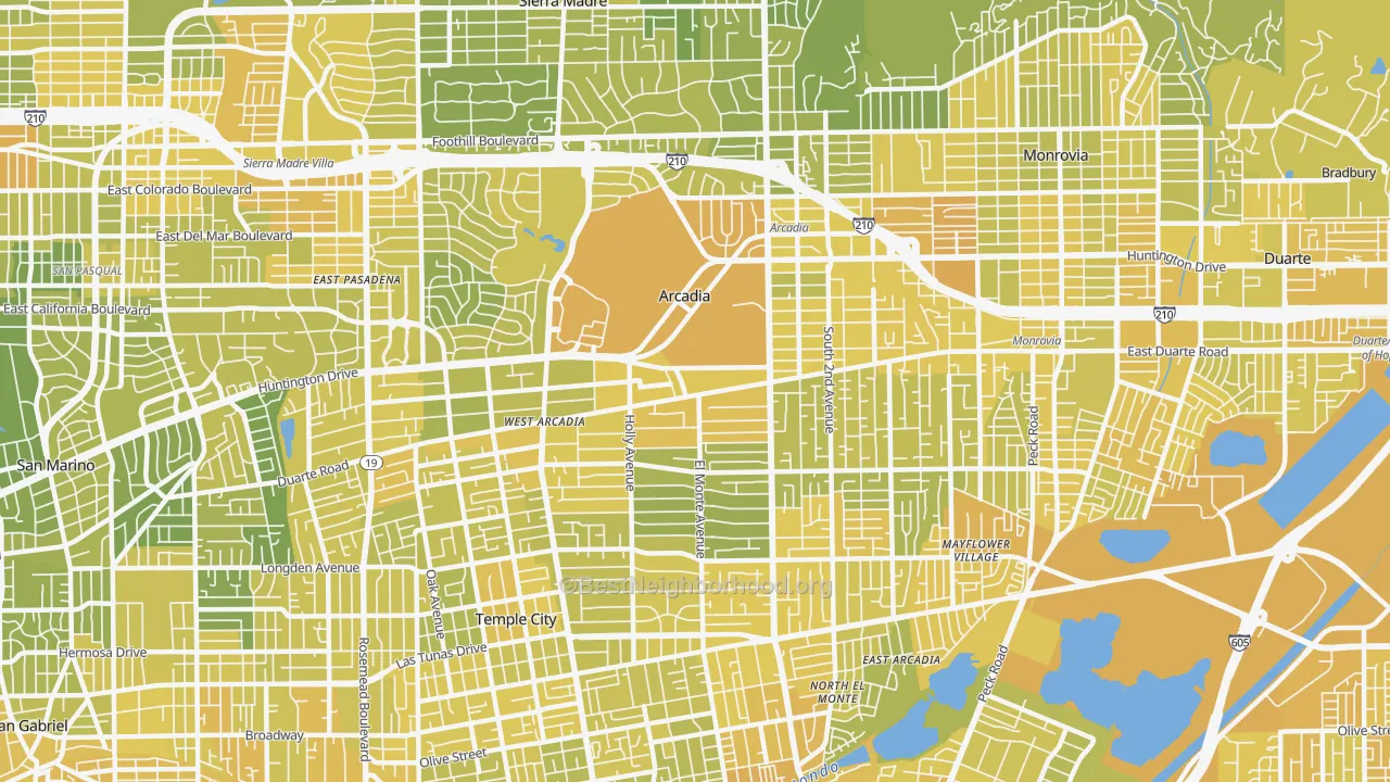 Map of the best neighborhoods in the Arcadia area, with better matches in green and worse matches in red