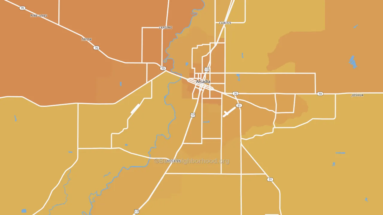 Map of the best neighborhoods in the Arcadia area, with better matches in green and worse matches in red