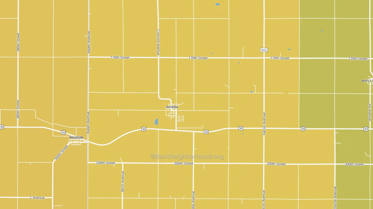 Map of the best neighborhoods in the Arcadia area, with better matches in green and worse matches in red