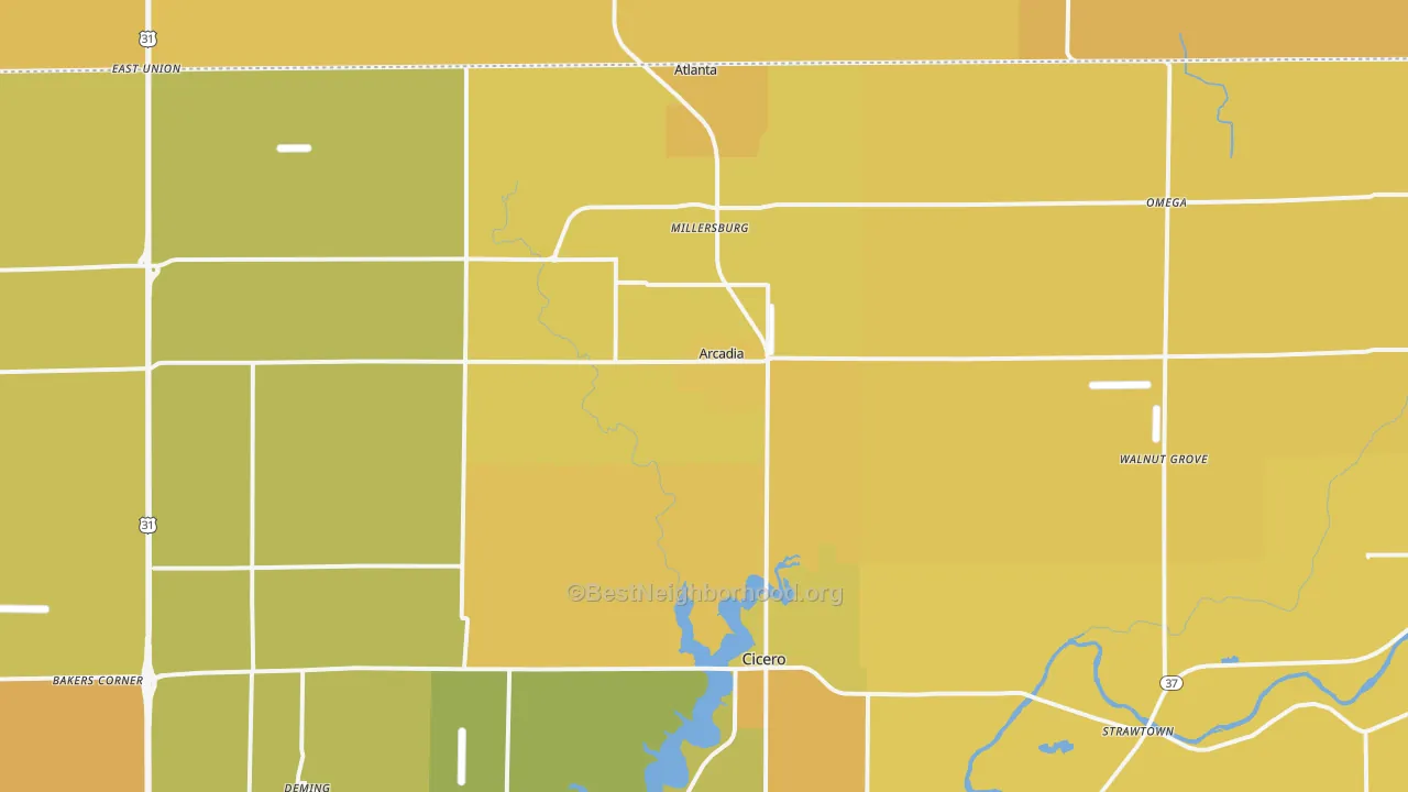 Map of the best neighborhoods in the Arcadia area, with better matches in green and worse matches in red
