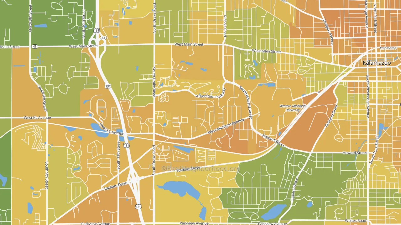 Map of the best neighborhoods in the Arcadia, Kalamazoo area, with better matches in green and worse matches in red