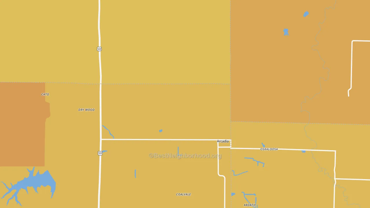 Map of the best neighborhoods in the Arcadia area, with better matches in green and worse matches in red