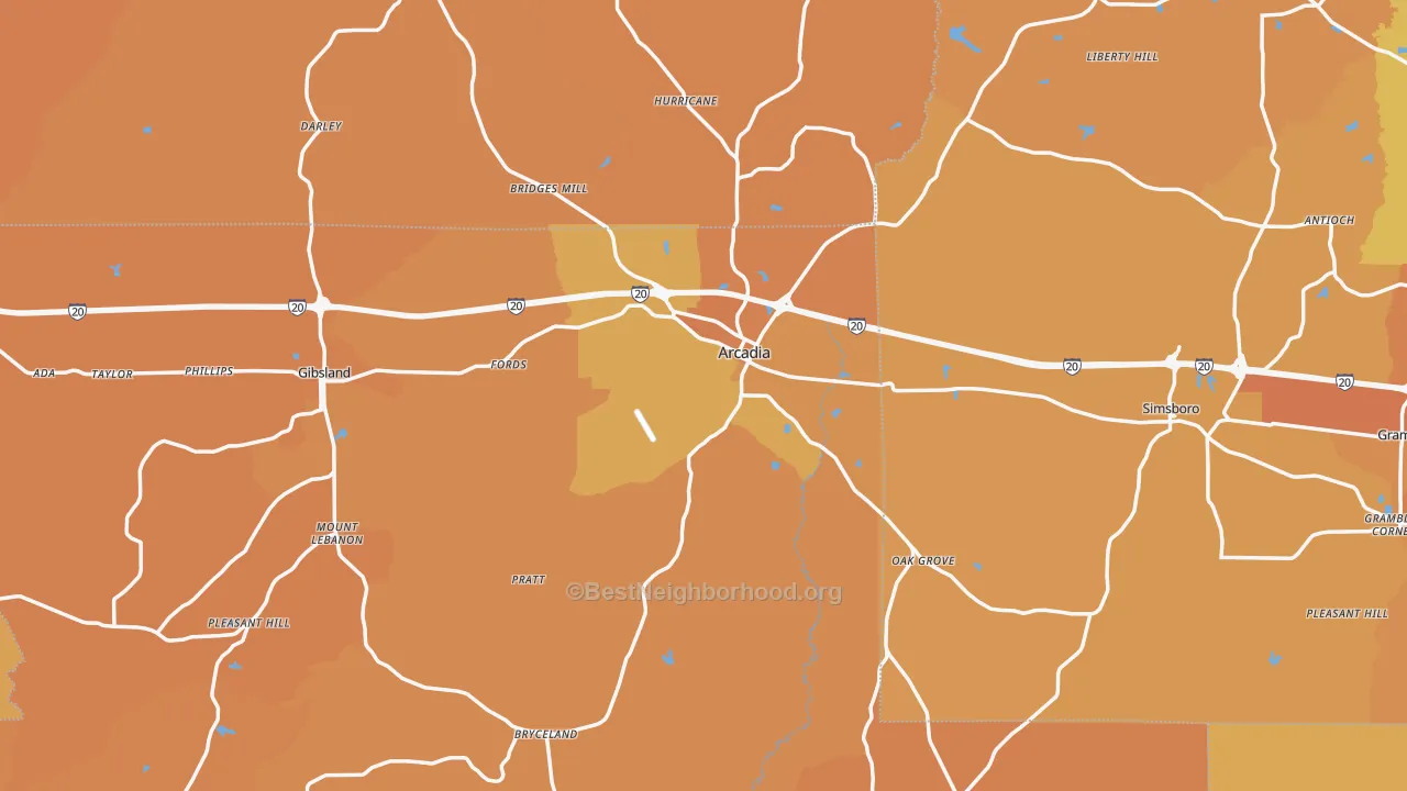 Map of the best neighborhoods in the Arcadia area, with better matches in green and worse matches in red