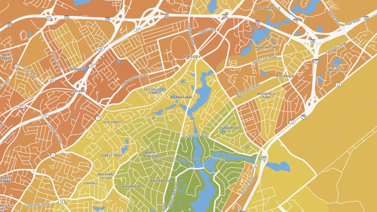 Map of the best neighborhoods in the Arcadia Lakes area, with better matches in green and worse matches in red